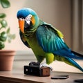 A parrot perched on a smartphone, tweeting on a tiny bird-sized social media app1