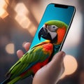 A parrot perched on a smartphone, tweeting on a tiny bird-sized social media app4