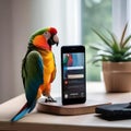 A parrot perched on a smartphone, tweeting on a tiny bird-sized social media app5