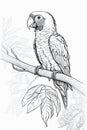 Parrot perched on a tree branch, line art for coloring book, white background, AI generative Royalty Free Stock Photo