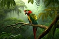 parrot perched on tree branch, with view of jungle canopy Royalty Free Stock Photo