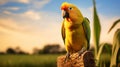 Colorful Parrot Perched On Wooden Post In Lush Field