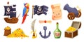 Parrot pirate, island treasures. Ship with black flag, shipwreck, chest with golden coins, ocean adventured, anchor and Royalty Free Stock Photo