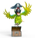 Parrot pirate is jumping on treasure chest