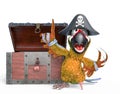 Parrot pirate is talking in front of a treasure chest Royalty Free Stock Photo