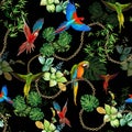 Parrot print pattern with gold chains, leaves on black background.Seamless natural design.- illustration