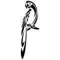 The parrot sits on a branch of a black silhouette, drawn by various lines in the style of minimalism. Tattoo bird, logo, emblem