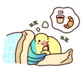 Parrot sleeps and dreams of coffee with a croissant. Cute blue budgie. Kawaii vector sticker isolated on a white background