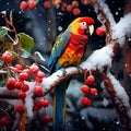parrot in snow generated by AI tool Royalty Free Stock Photo