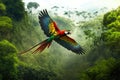 parrot soaring above the jungle canopy, with view of the jungle below
