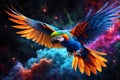 parrot soaring through a cosmic nebula, vibrant feathers casting colors against the backdrop of deep space