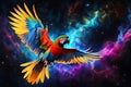 parrot soaring through a cosmic nebula, vibrant feathers casting colors against the backdrop of deep space