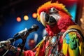 Parrot standing on stage with microphone, ready to perform in front of enthusiastic audience