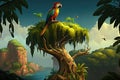 parrot on top of tree, surveying its jungle home