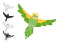 Parrot tropical cartoon set exotic bright budgerigar parrots flying outline sign funny vivid vector