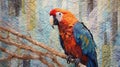 Colorful Parrot On Quilted Branch Photorealistic Painting