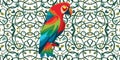 Parrot on vine leaves seamless pattern symmetrical wallpaper