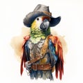 Watercolor Illustration Of A Parrot In A Cowboy Hat