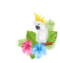 Parrot White Cockatoo with Colorful Exotic Flowers Blossom