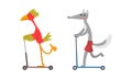 Parrot and Wolf Riding on Kick Scooter and Smiling Vector Set