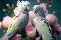 parrots so beauty pairs with sit on the pink flowers looking at the tiny leaves twins male and female parrots with neoin colors