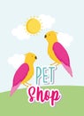 parrots birds cartoon animals lettering pet shop Royalty Free Stock Photo