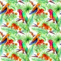 Parrots, exotic leaves, jungle flowers. Tropical forest. Repeating pattern. Watercolour Royalty Free Stock Photo