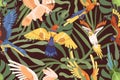 Parrots in jungles pattern. Seamless background with tropical birds and palm leaf. Endless repeating print with exotic Royalty Free Stock Photo