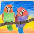 Colorful Children\'s Drawing Of Parrots On White Background