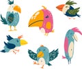 Parrots set. Exotic birds. Great for children cards, prints and greeting card. Isolated vector clip art illustration