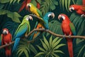 Parrots sitting on a branch in the jungle. Vector illustration