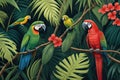 Parrots sitting on a branch in the jungle. Vector illustration