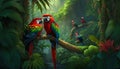 A parrots sitting on a branch in a tropical equatorial forest. Rainforest illustration. Patterned wallpaper.