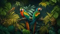 A parrots sitting on a branch in a tropical equatorial forest. Rainforest illustration. Patterned wallpaper.