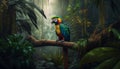 A parrots sitting on a branch in a tropical equatorial forest. Rainforest illustration. Patterned wallpaper.