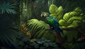 A parrots sitting on a branch in a tropical equatorial forest. Rainforest illustration. Patterned wallpaper.