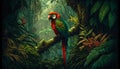 A parrots sitting on a branch in a tropical equatorial forest. Rainforest illustration. Patterned wallpaper.