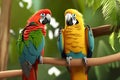 Parrots sitting on a branch in a tropical forest, closeup