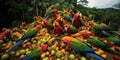 Parrots squabble cheerfully over a pile of fruit, their bright colors a vibrant spectacle against the lush green of the