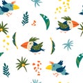 Parrots and tropical leaves seamless pattern. Jungles background. Endless background in childish style for fabric, textile, kids Royalty Free Stock Photo