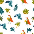 Parrots and tropical leaves seamless pattern. Jungles background. Endless background in childish style for fabric, textile, kids Royalty Free Stock Photo