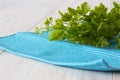 Parsley freshly picked and organic on a blue tea towel Royalty Free Stock Photo