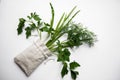 Parsley and green onions flat lay in a cloth bag on a white background Royalty Free Stock Photo