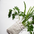 Parsley and green onions flat lay in a cloth bag on a white background Royalty Free Stock Photo