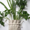 Parsley and green onions flat lay in a cloth bag on a white background Royalty Free Stock Photo