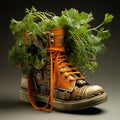 parsley growing in a brown orange steampunk style boot