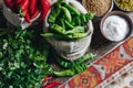 Parsley, red and green hot peppers in linen bags and spices