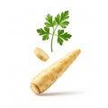 Parsnip with leaves and slices isolated on white background. Parsnip root and parsley in motion close-up Royalty Free Stock Photo
