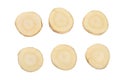 Parsnip root slices isolated on white background closeup. Top view. Flat lay. Set or collection Royalty Free Stock Photo