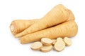 Parsnip root and slices isolated on white background closeup Royalty Free Stock Photo